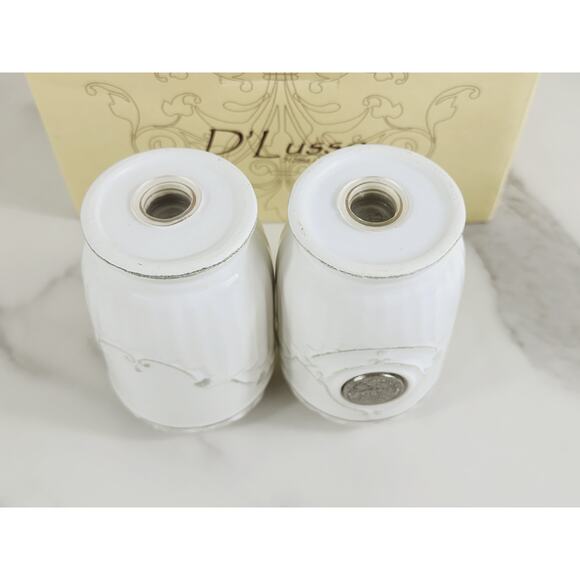 D'Lusso Salt & Pepper Shakers Home Collection Ceramic 3 1/4" White Pewter Vtg - Picture 7 of 11